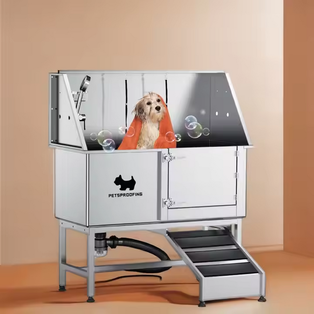 PETSPROOFING Luxury 50-Inch Stainless Steel Removable Ramp Pet Dog Grooming Spa Bath Tub Sink Wash Station for Cats And Dogs