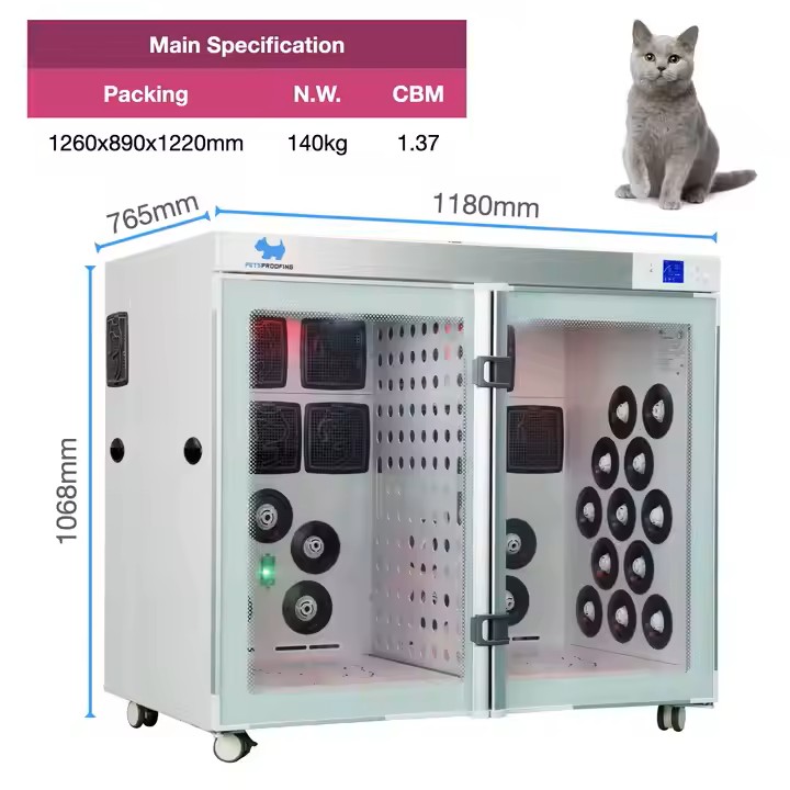 High-velocity handheld pet dryer vs automatic drying box in a professional salon